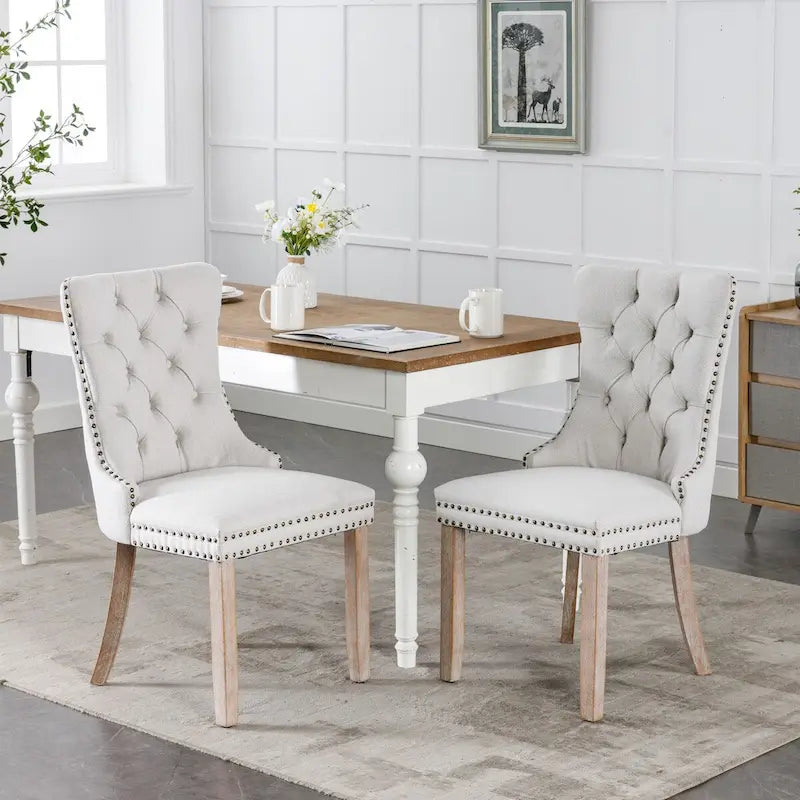Chaise de salle à manger en lin noir/beige/gris avec pieds en bois, lot de 2