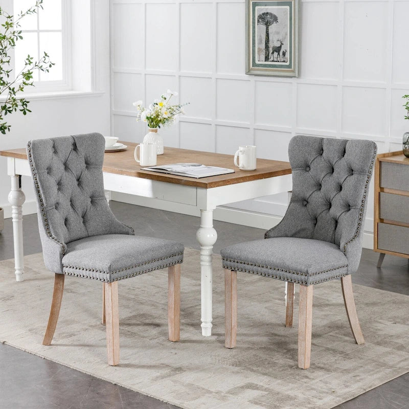 Chaise de salle à manger en lin noir/beige/gris avec pieds en bois, lot de 2