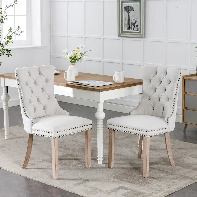 Chaise de salle à manger en lin noir/beige/gris avec pieds en bois, lot de 2