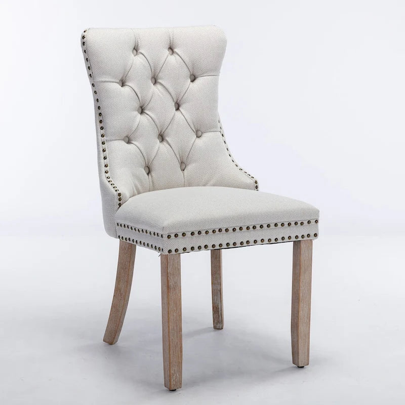 Chaise de salle à manger en lin noir/beige/gris avec pieds en bois, lot de 2