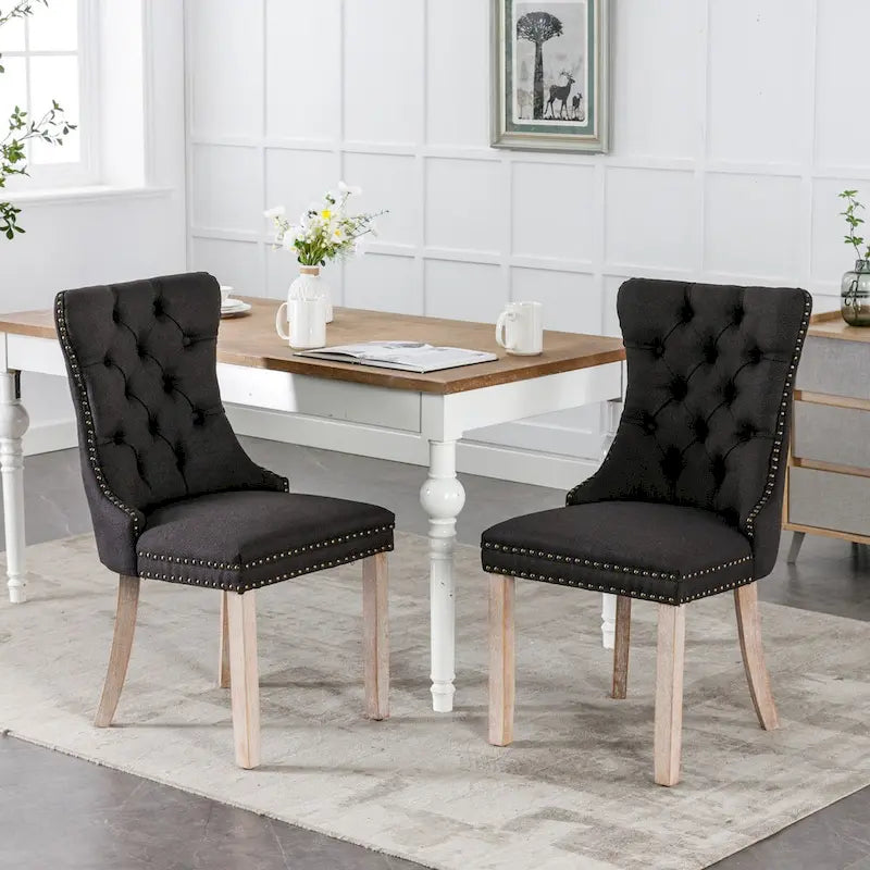 Chaise de salle à manger en lin noir/beige/gris avec pieds en bois, lot de 2