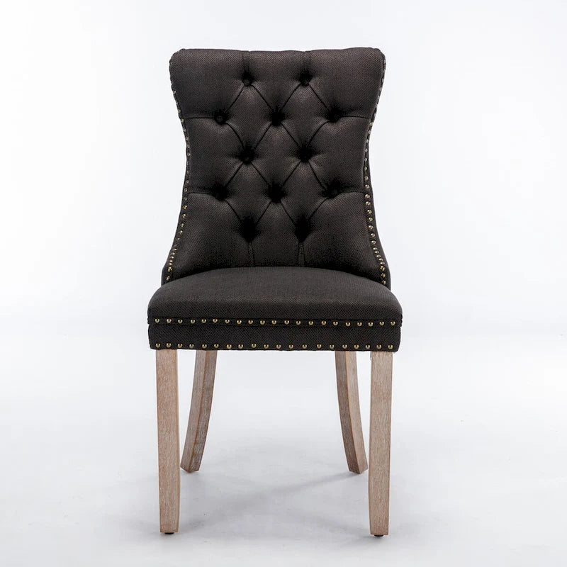 Chaise de salle à manger en lin noir/beige/gris avec pieds en bois, lot de 2