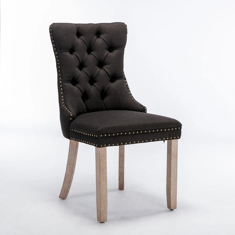 Chaise de salle à manger en lin noir/beige/gris avec pieds en bois, lot de 2