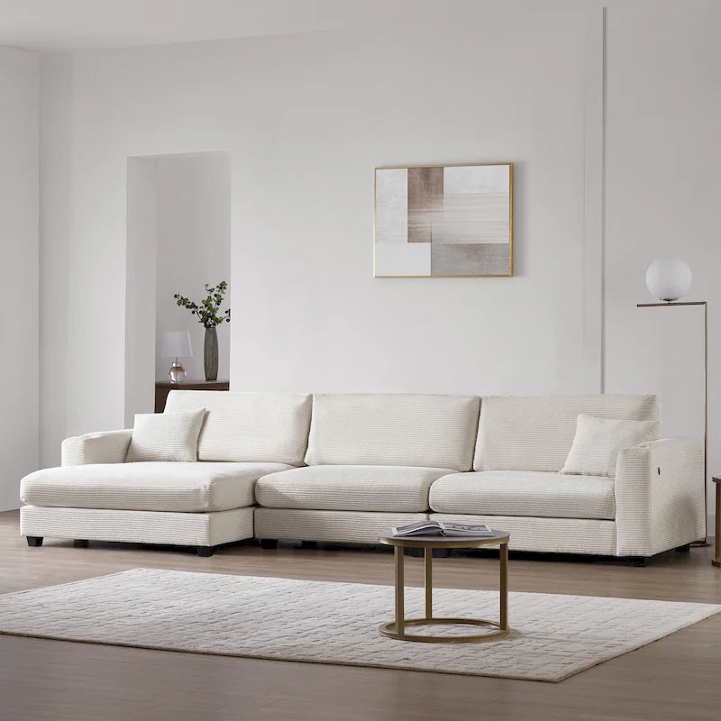 Canapé d'angle en velours côtelé en forme de L beige/gris/kaki avec méridienne, 3-4 places