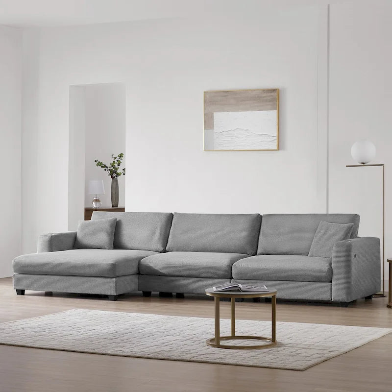 Canapé d'angle en velours côtelé en forme de L beige/gris/kaki avec méridienne, 3-4 places
