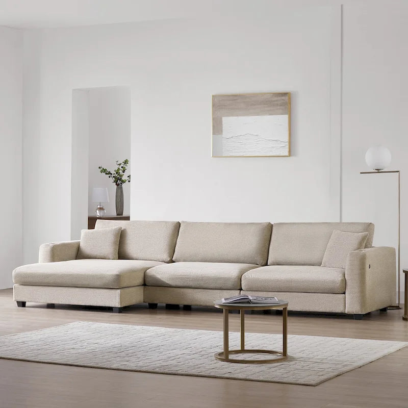 Canapé d'angle en velours côtelé en forme de L beige/gris/kaki avec méridienne, 3-4 places