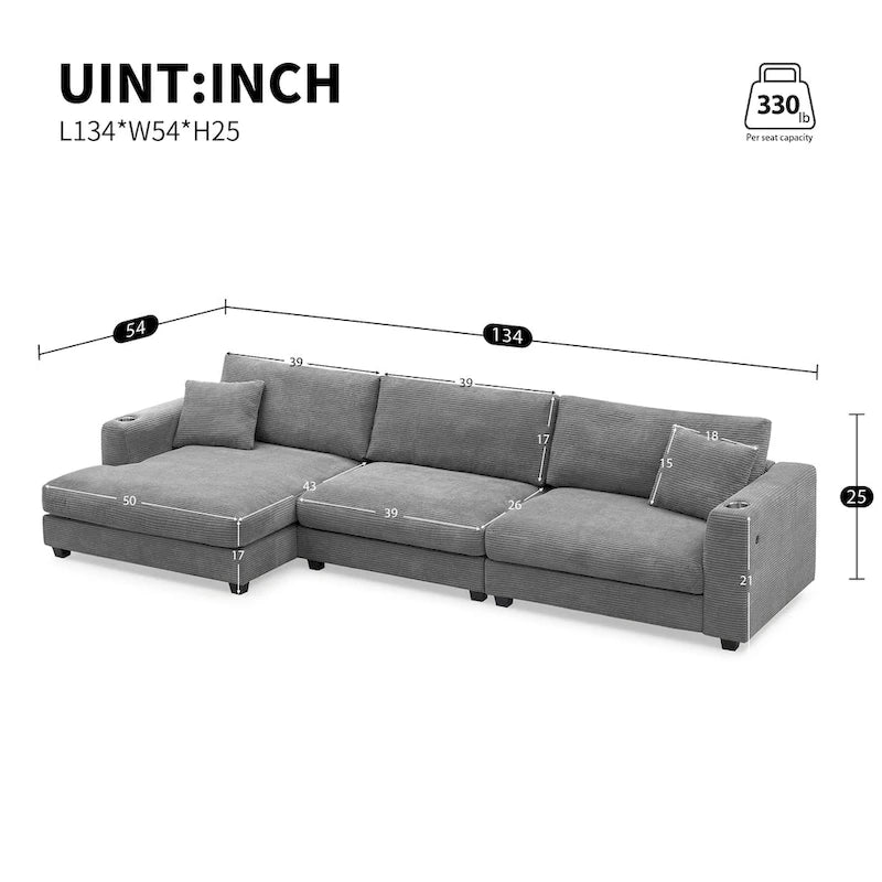 Canapé d'angle en velours côtelé en forme de L beige/gris/kaki avec méridienne, 3-4 places