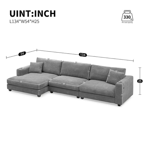 Canapé d'angle en velours côtelé en forme de L beige/gris/kaki avec méridienne, 3-4 places