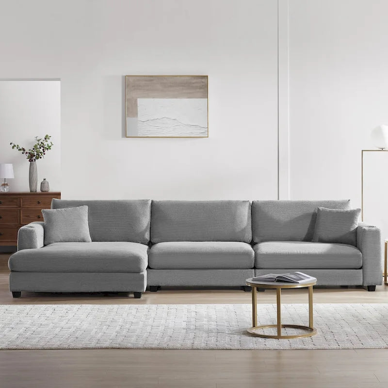 Canapé d'angle en velours côtelé en forme de L beige/gris/kaki avec méridienne, 3-4 places