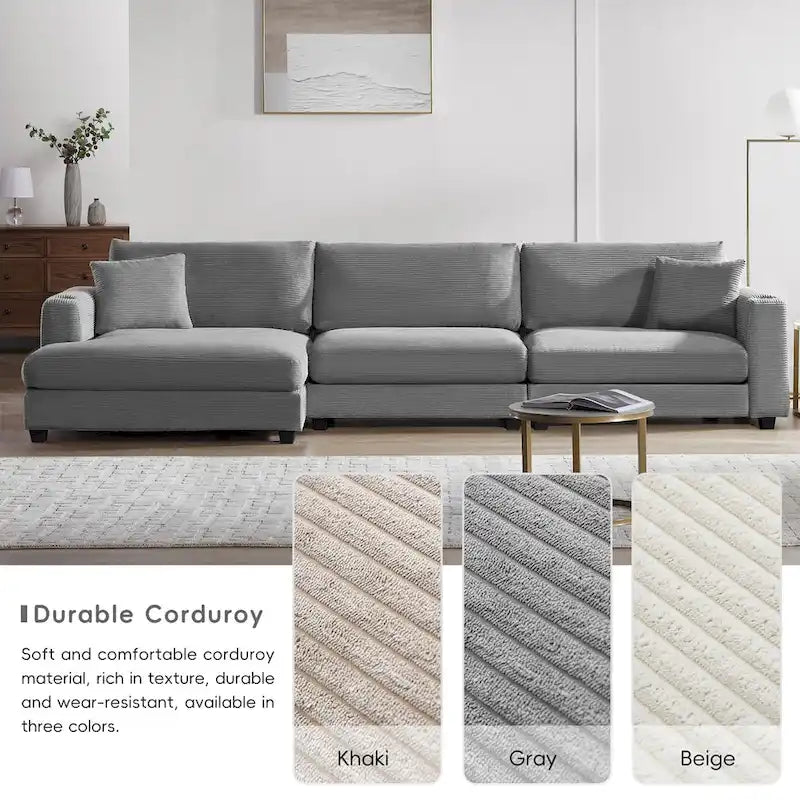 Canapé d'angle en velours côtelé en forme de L beige/gris/kaki avec méridienne, 3-4 places