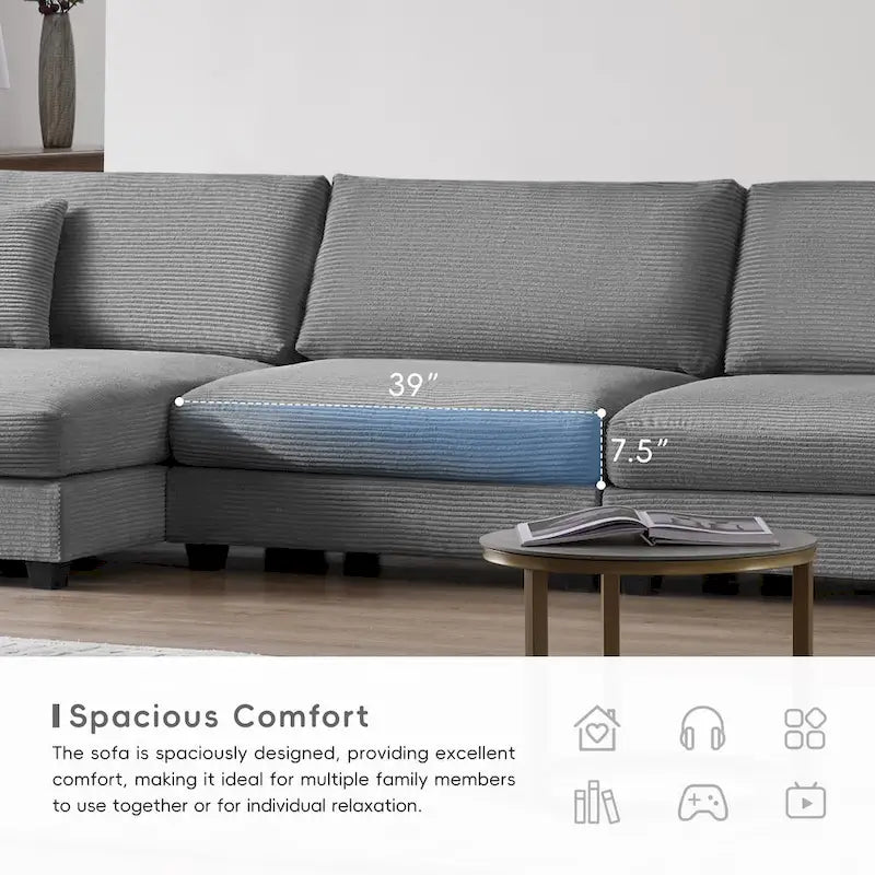 Canapé d'angle en velours côtelé en forme de L beige/gris/kaki avec méridienne, 3-4 places