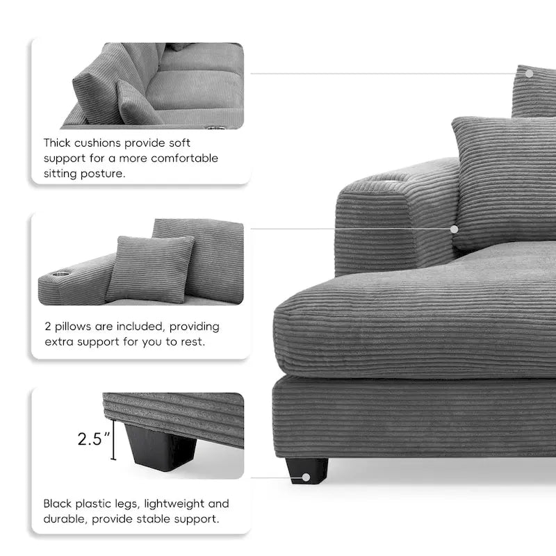 Canapé d'angle en velours côtelé en forme de L beige/gris/kaki avec méridienne, 3-4 places