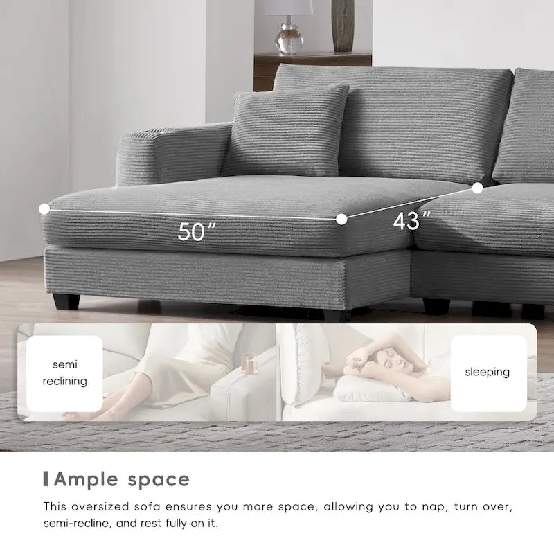 Canapé d'angle en velours côtelé en forme de L beige/gris/kaki avec méridienne, 3-4 places