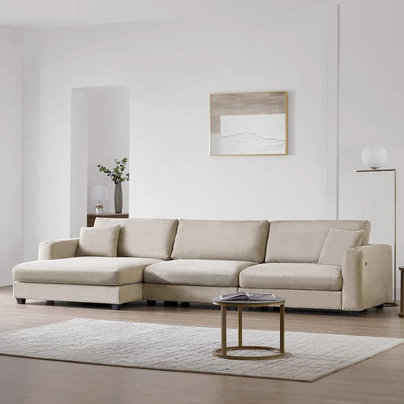 Canapé d'angle en velours côtelé en forme de L beige/gris/kaki avec méridienne, 3-4 places