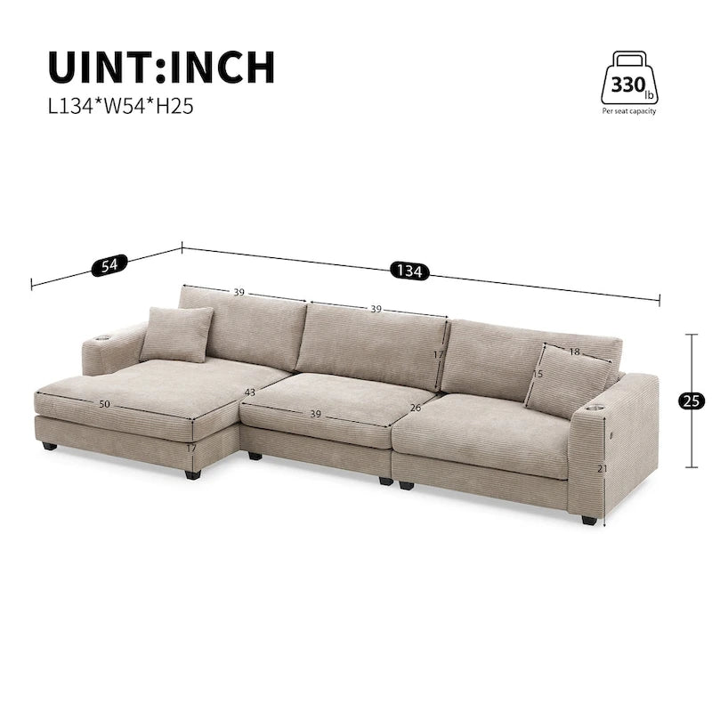 Canapé d'angle en velours côtelé en forme de L beige/gris/kaki avec méridienne, 3-4 places