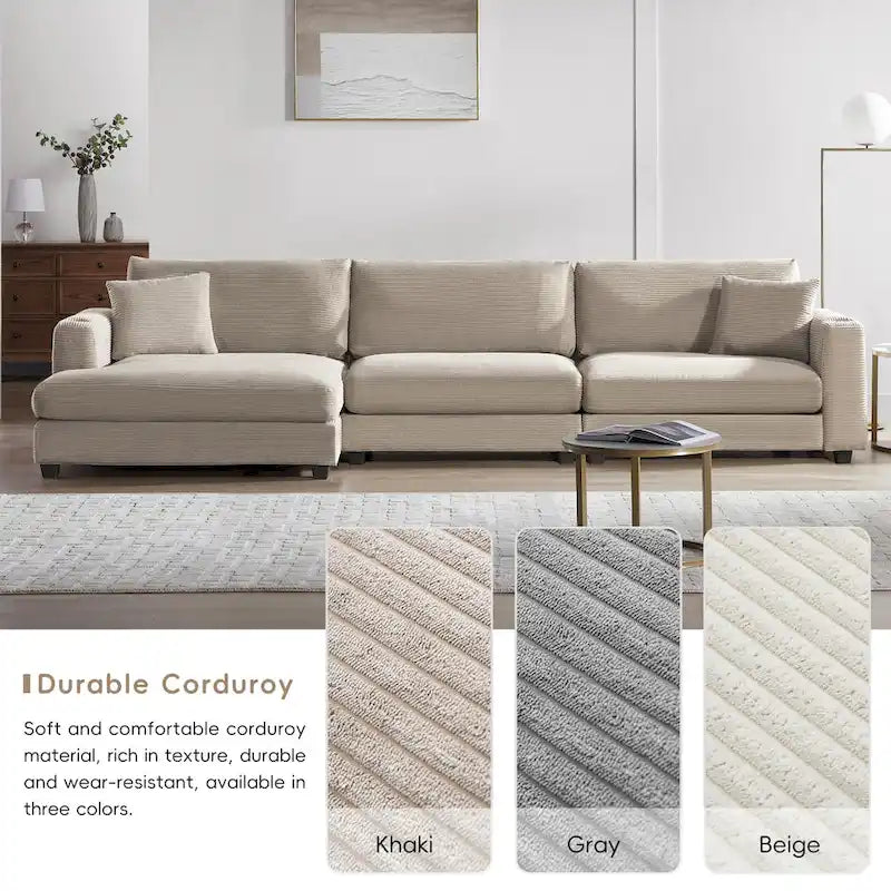Canapé d'angle en velours côtelé en forme de L beige/gris/kaki avec méridienne, 3-4 places