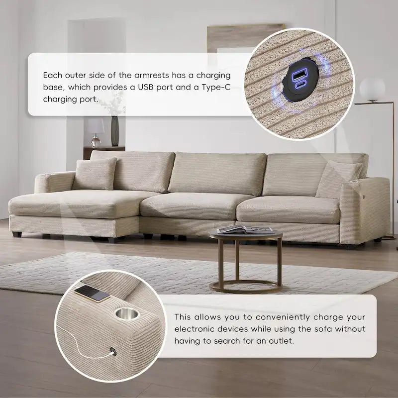 Canapé d'angle en velours côtelé en forme de L beige/gris/kaki avec méridienne, 3-4 places