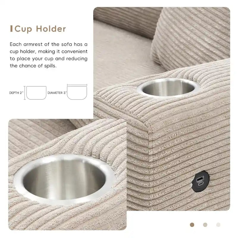 Canapé d'angle en velours côtelé en forme de L beige/gris/kaki avec méridienne, 3-4 places