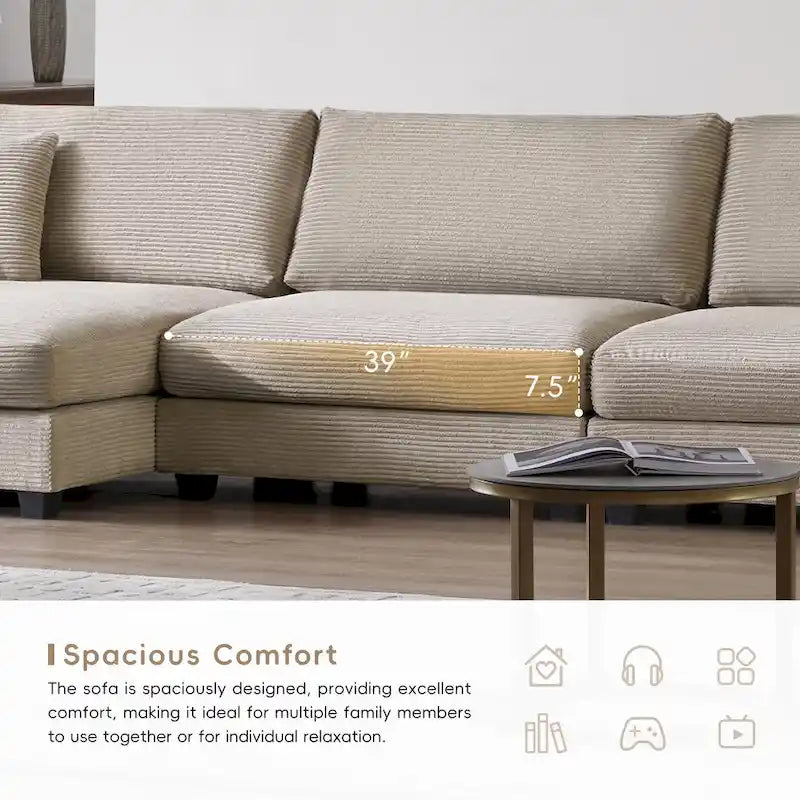 Canapé d'angle en velours côtelé en forme de L beige/gris/kaki avec méridienne, 3-4 places