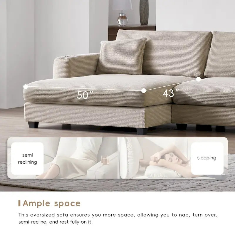 Canapé d'angle en velours côtelé en forme de L beige/gris/kaki avec méridienne, 3-4 places