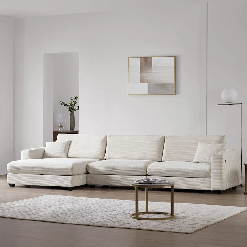 Canapé d'angle en velours côtelé en forme de L beige/gris/kaki avec méridienne, 3-4 places