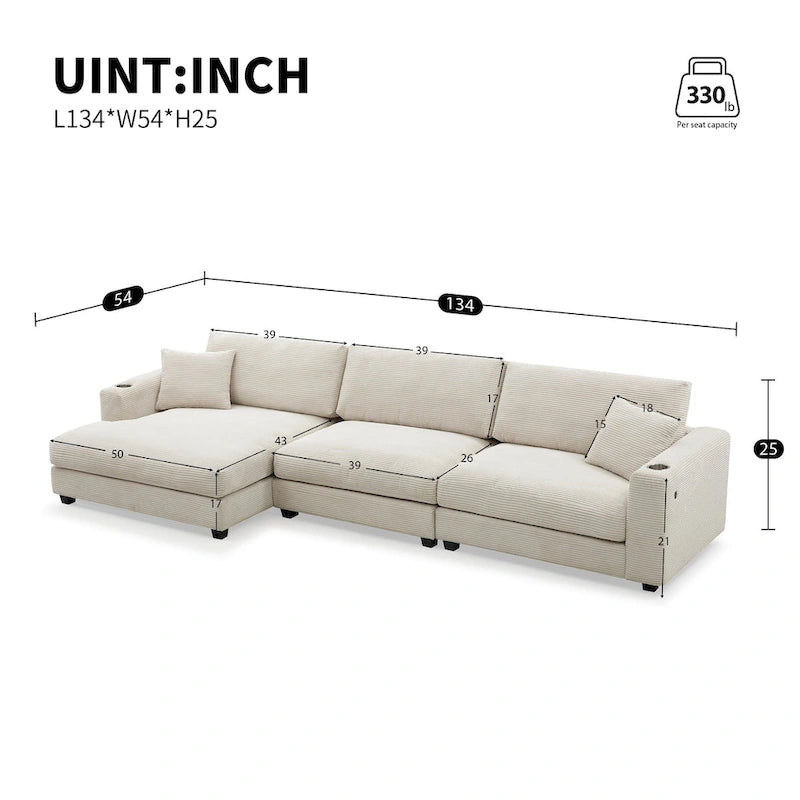 Canapé d'angle en velours côtelé en forme de L beige/gris/kaki avec méridienne, 3-4 places
