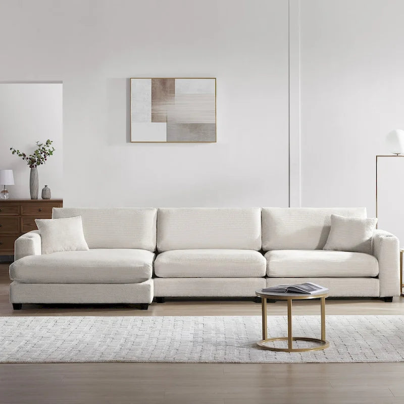 Canapé d'angle en velours côtelé en forme de L beige/gris/kaki avec méridienne, 3-4 places