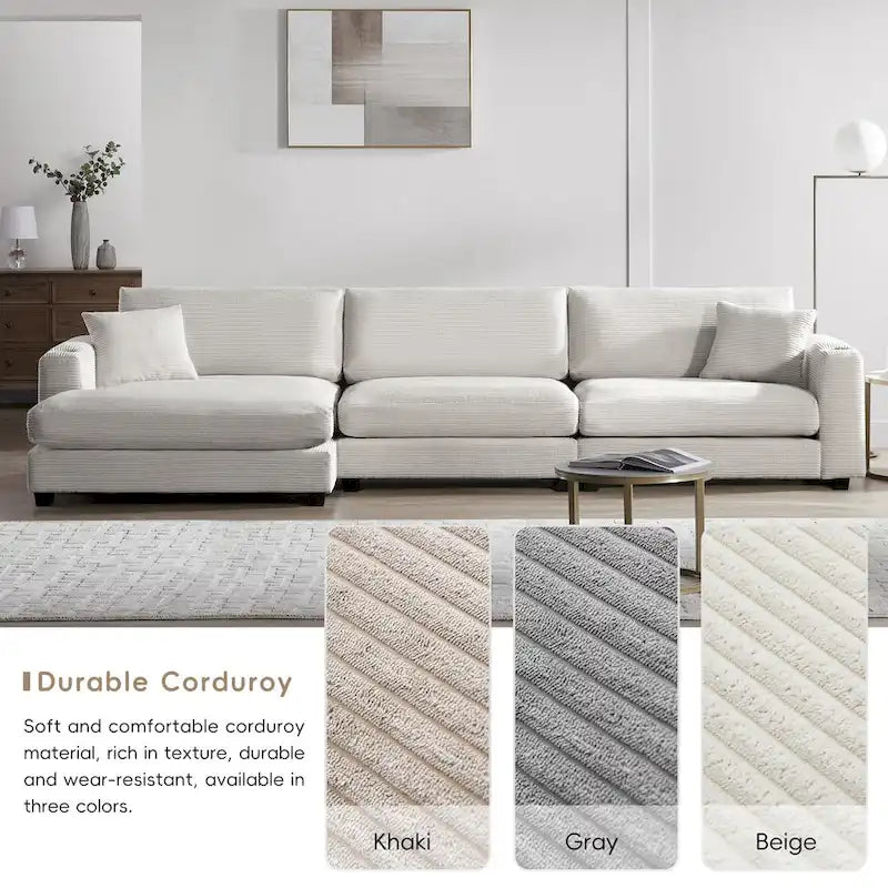 Canapé d'angle en velours côtelé en forme de L beige/gris/kaki avec méridienne, 3-4 places