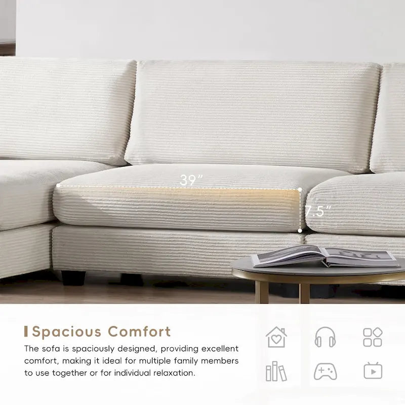 Canapé d'angle en velours côtelé en forme de L beige/gris/kaki avec méridienne, 3-4 places