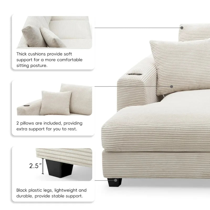 Canapé d'angle en velours côtelé en forme de L beige/gris/kaki avec méridienne, 3-4 places