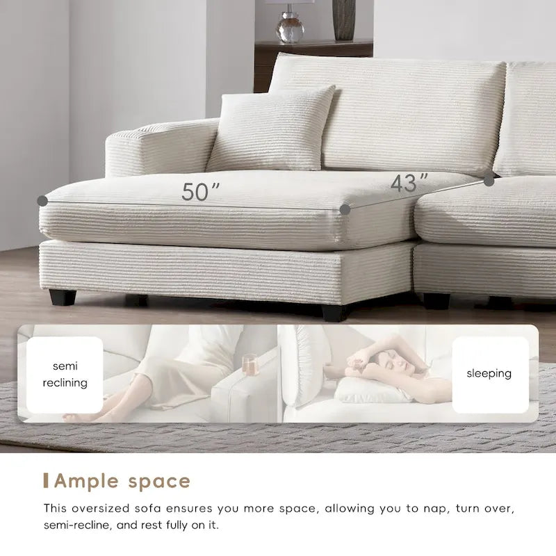 Canapé d'angle en velours côtelé en forme de L beige/gris/kaki avec méridienne, 3-4 places