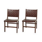 Chaise de salle à manger en cuir tressé avec cadre en bois de teck, Marron / Blanc / Noir, Lot de 2 (pour 1 personne chacune)