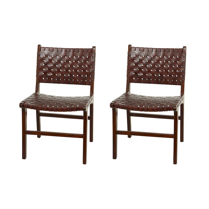 Chaise de salle à manger en cuir tressé avec cadre en bois de teck, Marron / Blanc / Noir, Lot de 2 (pour 1 personne chacune)