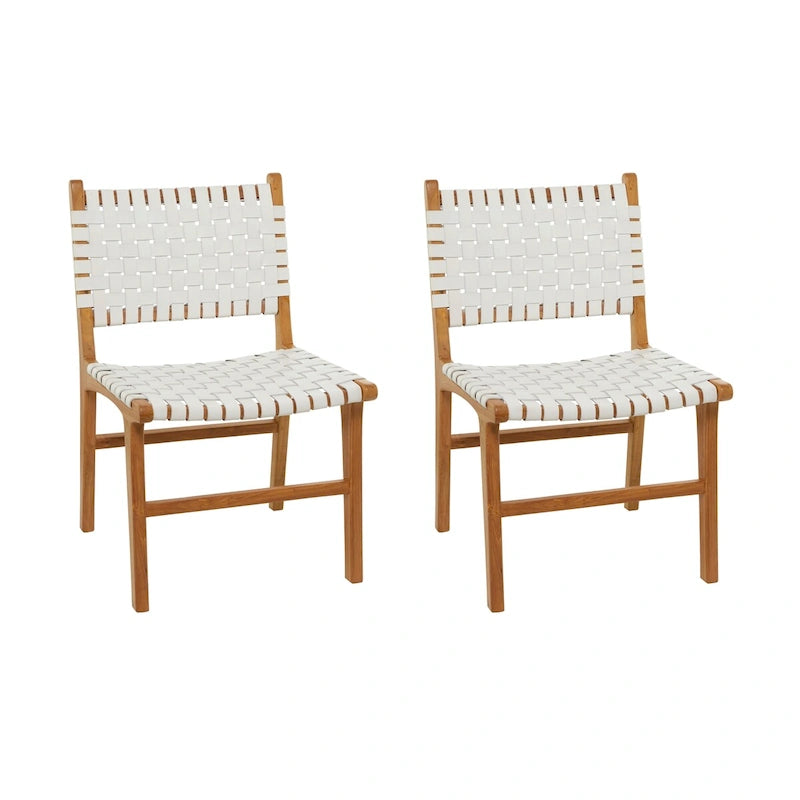 Chaise de salle à manger en cuir tressé avec cadre en bois de teck, Marron / Blanc / Noir, Lot de 2 (pour 1 personne chacune)