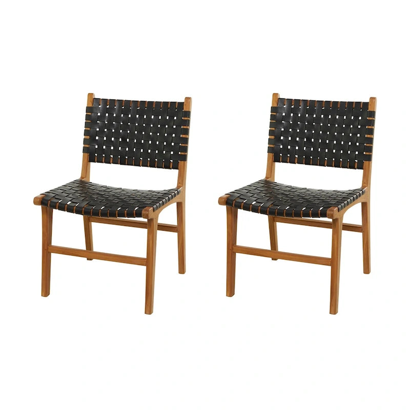Chaise de salle à manger en cuir tressé avec cadre en bois de teck, Marron / Blanc / Noir, Lot de 2 (pour 1 personne chacune)