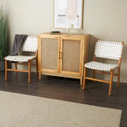 Chaise de salle à manger en cuir tressé avec cadre en bois de teck, Marron / Blanc / Noir, Lot de 2 (pour 1 personne chacune)