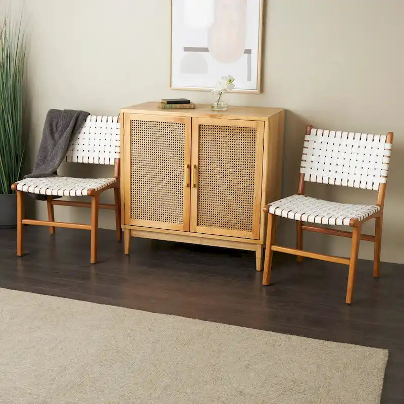 Chaise de salle à manger en cuir tressé avec cadre en bois de teck, Marron / Blanc / Noir, Lot de 2 (pour 1 personne chacune)
