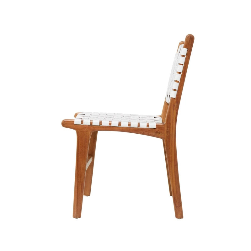 Chaise de salle à manger en cuir tressé avec cadre en bois de teck, Marron / Blanc / Noir, Lot de 2 (pour 1 personne chacune)