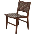 Chaise de salle à manger en cuir tressé avec cadre en bois de teck, Marron / Blanc / Noir, Lot de 2 (pour 1 personne chacune)