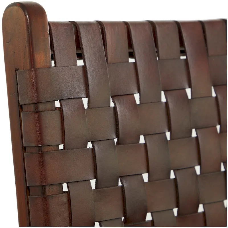 Chaise de salle à manger en cuir tressé avec cadre en bois de teck, Marron / Blanc / Noir, Lot de 2 (pour 1 personne chacune)