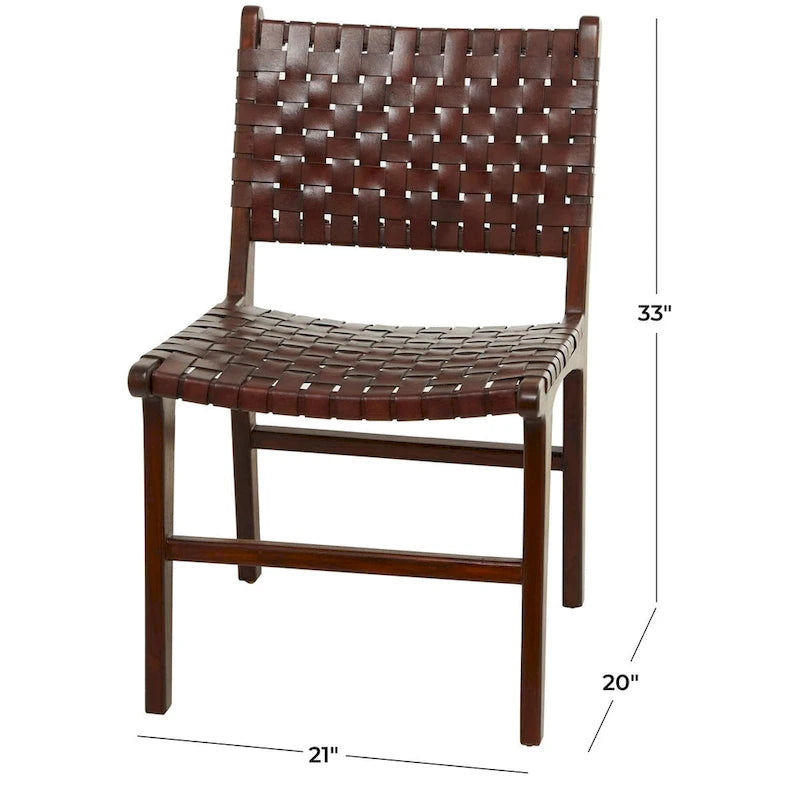 Chaise de salle à manger en cuir tressé avec cadre en bois de teck, Marron / Blanc / Noir, Lot de 2 (pour 1 personne chacune)