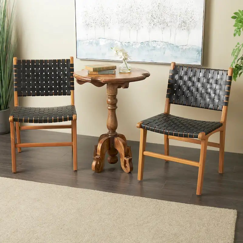Chaise de salle à manger en cuir tressé avec cadre en bois de teck, Marron / Blanc / Noir, Lot de 2 (pour 1 personne chacune)