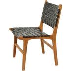 Chaise de salle à manger en cuir tressé avec cadre en bois de teck, Marron / Blanc / Noir, Lot de 2 (pour 1 personne chacune)