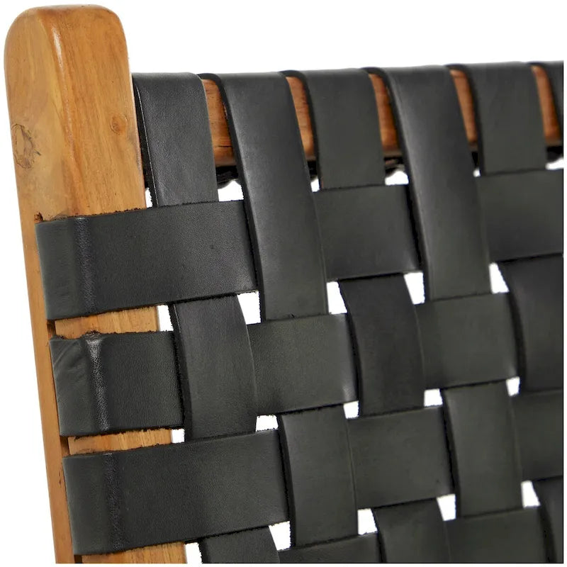 Chaise de salle à manger en cuir tressé avec cadre en bois de teck, Marron / Blanc / Noir, Lot de 2 (pour 1 personne chacune)