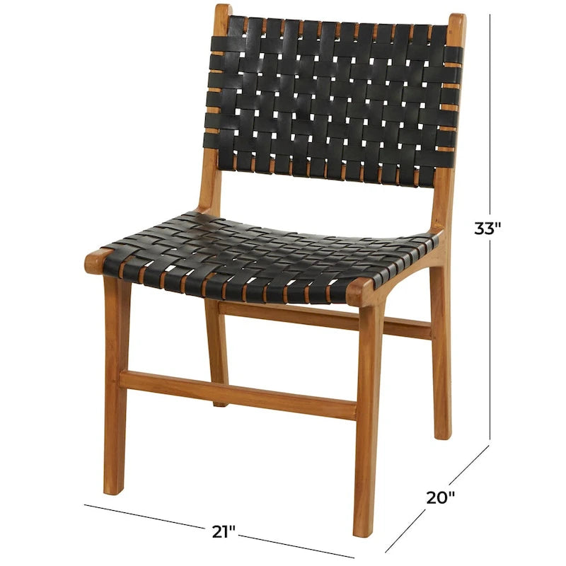 Chaise de salle à manger en cuir tressé avec cadre en bois de teck, Marron / Blanc / Noir, Lot de 2 (pour 1 personne chacune)