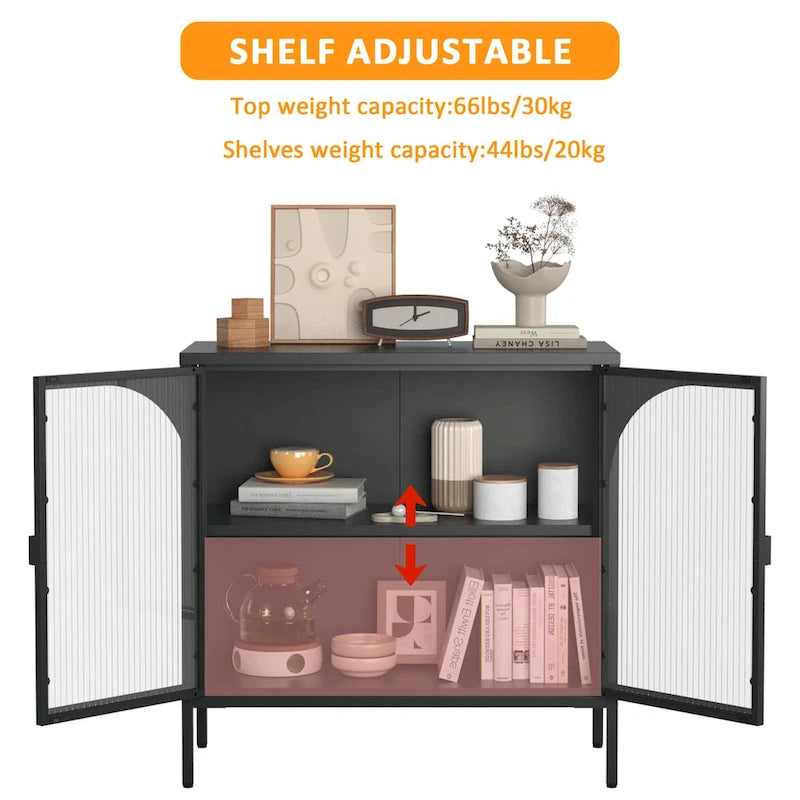 Buffet en métal noir/blanc avec portes en verre, style moderne, assemblage par une seule personne