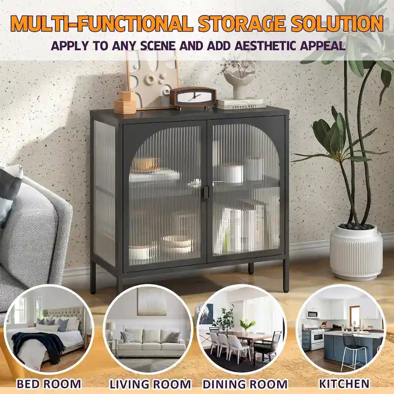 Buffet en métal noir/blanc avec portes en verre, style moderne, assemblage par une seule personne