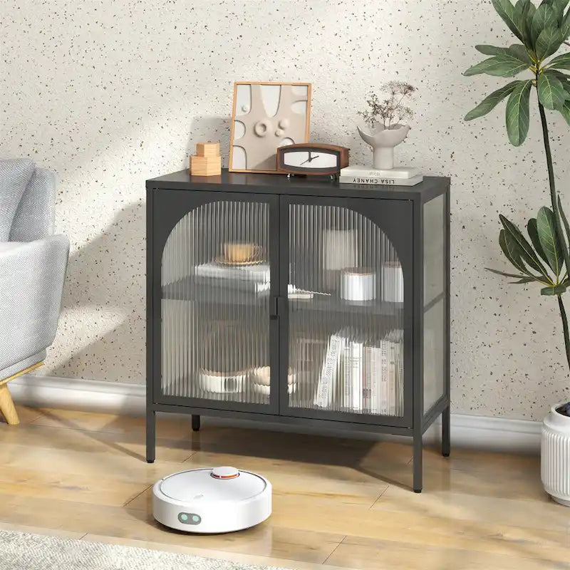 Buffet en métal noir/blanc avec portes en verre, style moderne, assemblage par une seule personne